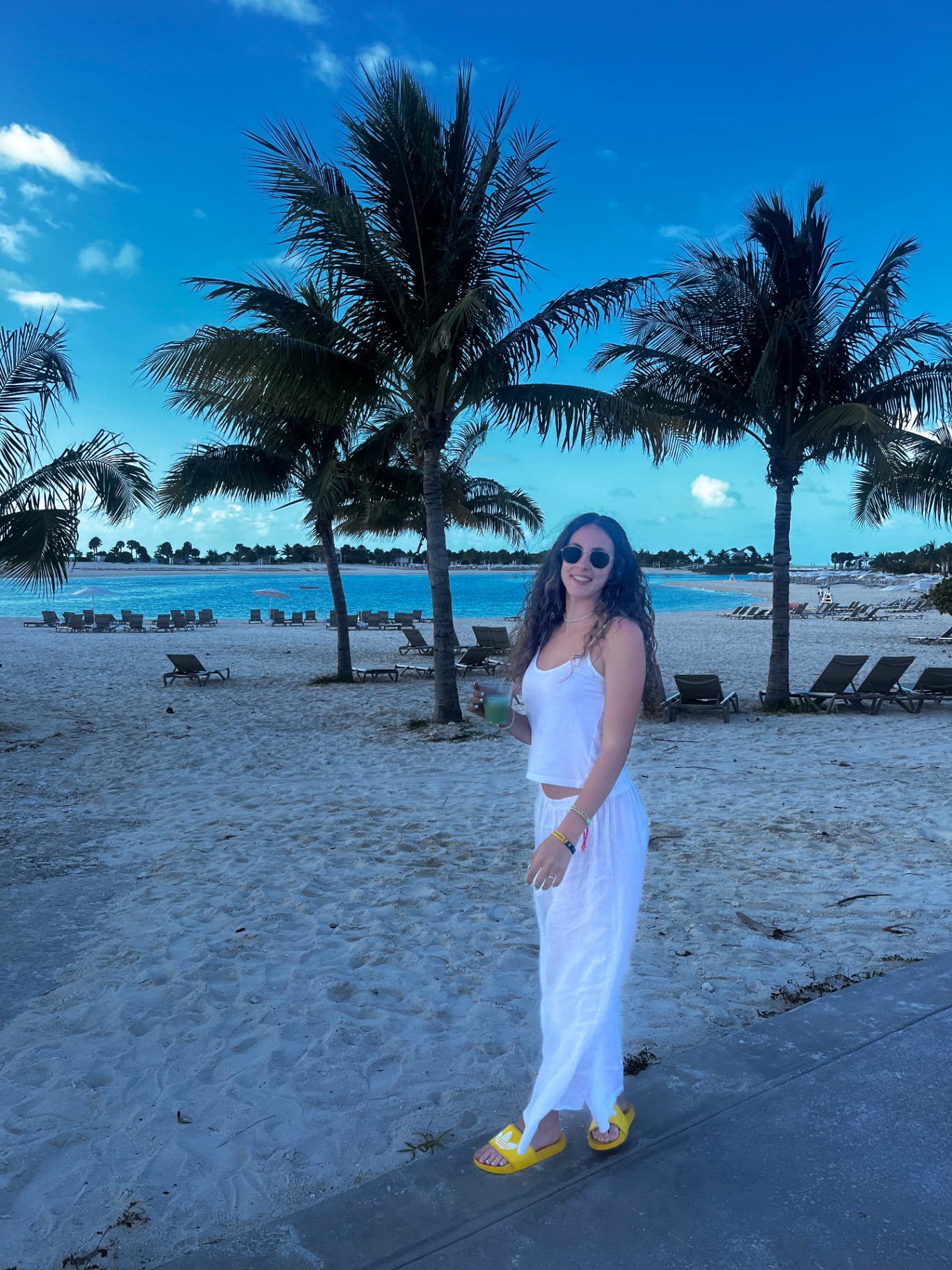 Atardecer tropical en la playa de Ocean Cay entre palmeras y arena blanca