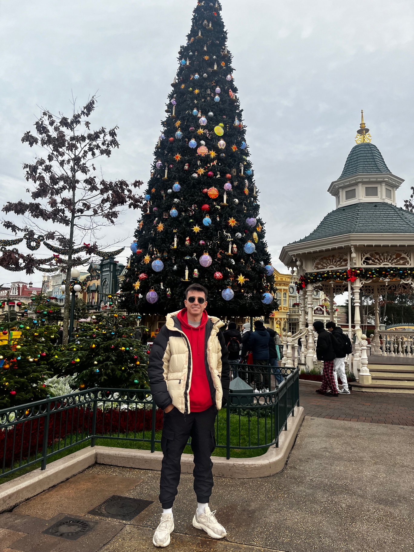 Frente al gran árbol de Navidad en Disneyland Paris